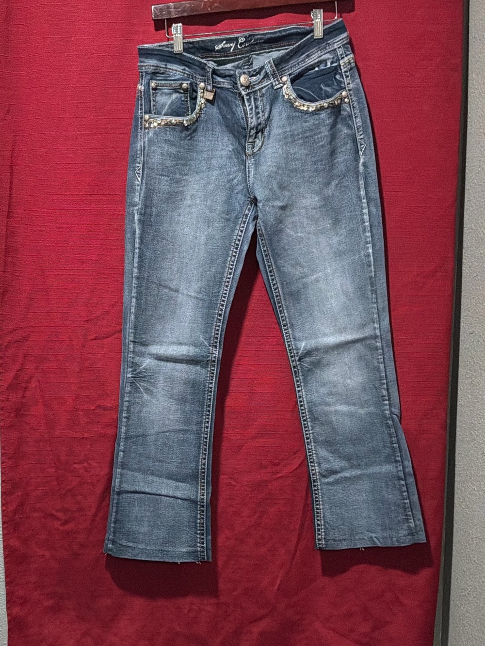 Sexy couture woman’s  Dark Blue Boot Cut Jeans with Rhinestone Trim